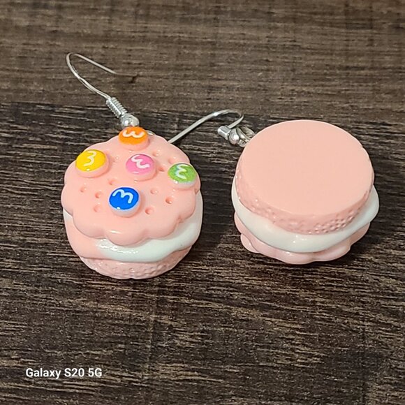 Handcrafted Cake w/Candies Pink Tone Dangle Drop Earrings NEW Lightweight Fun - Picture 3 of 4